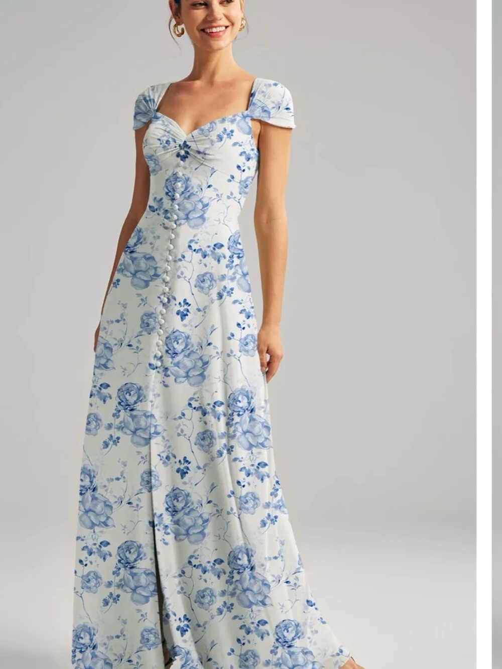 Blue Floral Sweetheart Maxi Dress with Cap Sleeves